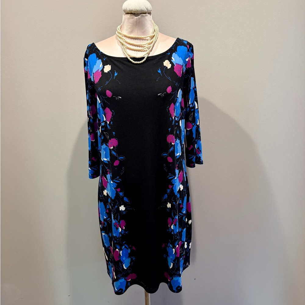 Leota Black Dress with Blue and Pink Floral Design